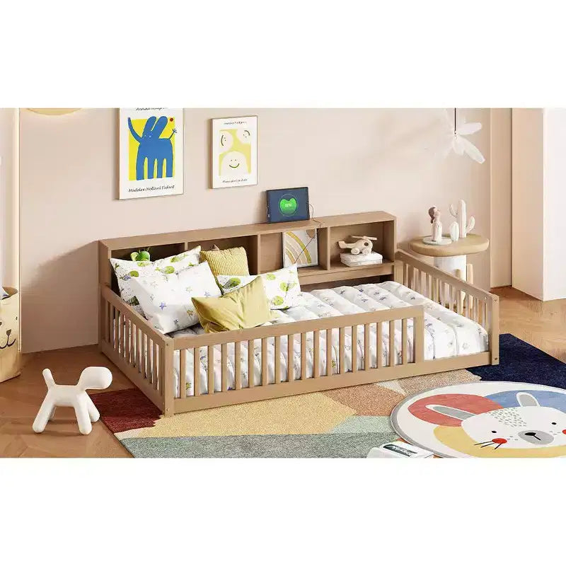 Bellemave Letto a terra Twin XL con armadietti e porte di ricarica USB, struttura in legno massello con recinzione semi-chiusa, facile da montare, marrone