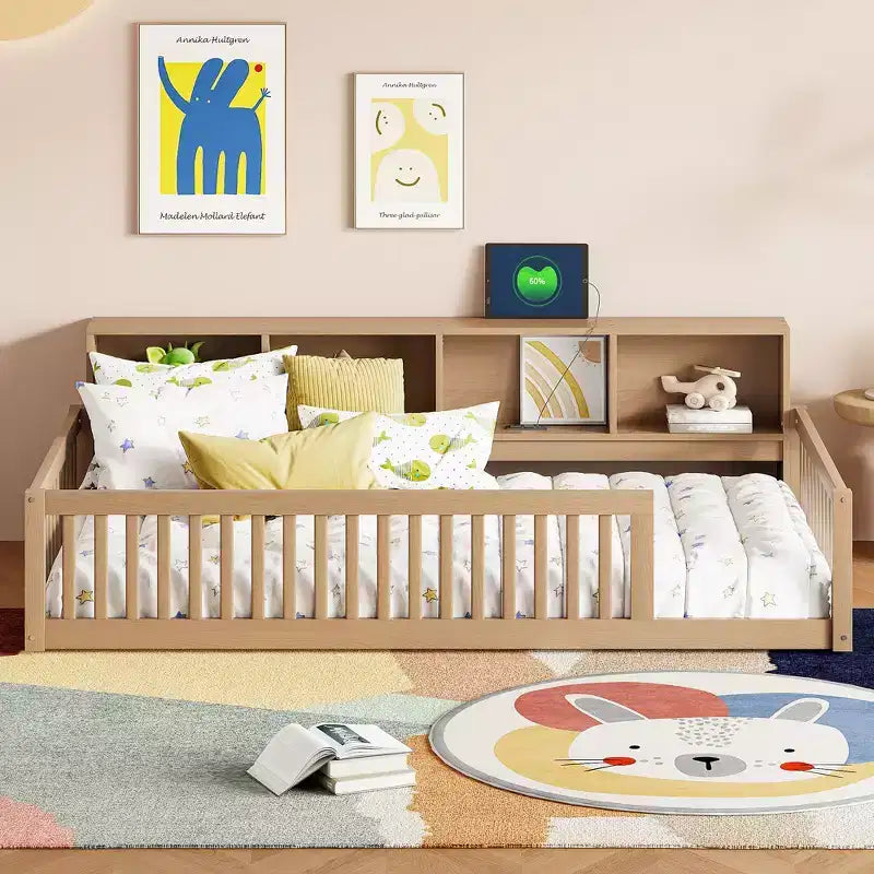 Bellemave Letto a terra Twin XL con armadietti e porte di ricarica USB, struttura in legno massello con recinzione semi-chiusa, facile da montare, marrone