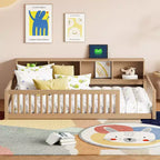 Bellemave Letto a terra Twin XL con armadietti e porte di ricarica USB, struttura in legno massello con recinzione semi-chiusa, facile da montare, marrone