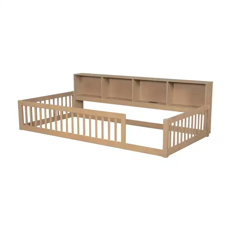 Bellemave Letto a terra Twin XL con armadietti e porte di ricarica USB, struttura in legno massello con recinzione semi-chiusa, facile da montare, marrone