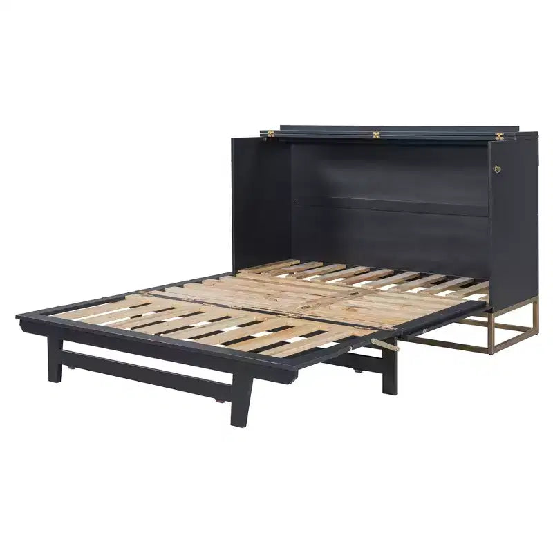 Letto a scomparsa Queen Murphy Bed con gamba dorata, letto a scomparsa formato Queen Size con ante in vetro smerigliato e cassetti finti