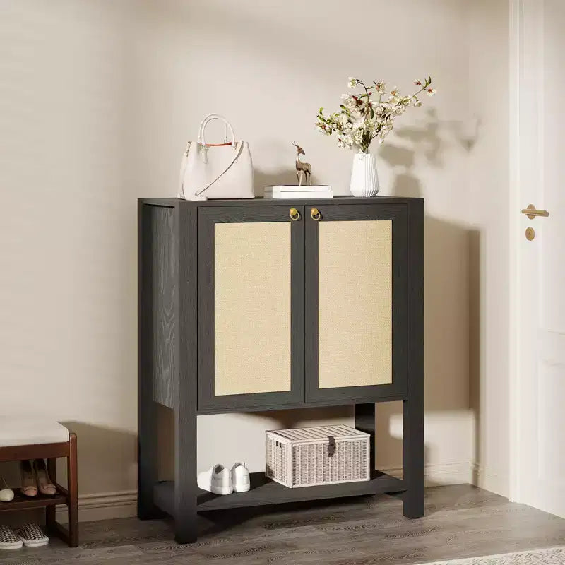 Scarpiera in Rattan per Ingresso, Scaffale Organizer a 5 Ripiani Stile Fattoria, Mobile Contenitore Stretto per Scarpe Autoportante con 2 Ante per Foyer, Corridoio, Soggiorno