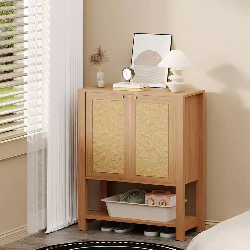 Scarpiera in Rattan per Ingresso, Scaffale Organizer a 5 Ripiani Stile Fattoria, Mobile Contenitore Stretto per Scarpe Autoportante con 2 Ante per Foyer, Corridoio, Soggiorno