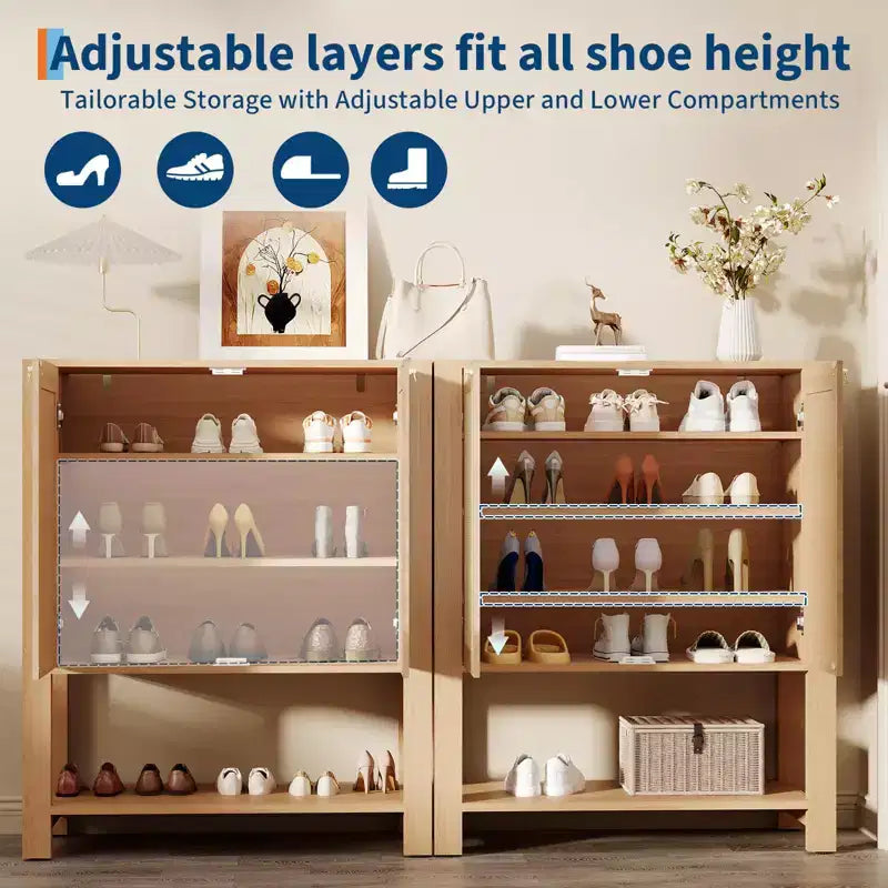Scarpiera in Rattan per Ingresso, Scaffale Organizer a 5 Ripiani Stile Fattoria, Mobile Contenitore Stretto per Scarpe Autoportante con 2 Ante per Foyer, Corridoio, Soggiorno