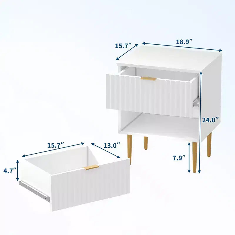 2 comodini moderni scanalati e 2 cassetti | Comodino oro e legno e prese | Tavolino piccolo per camera da letto