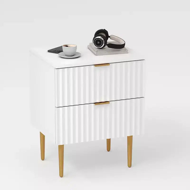 2 comodini moderni scanalati e 2 cassetti | Comodino oro e legno e prese | Tavolino piccolo per camera da letto