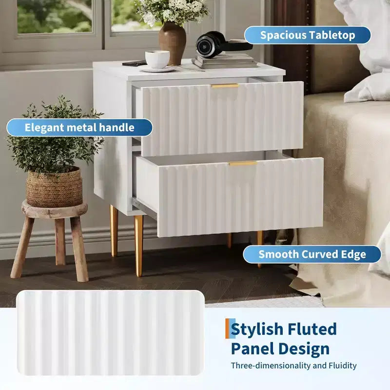 2 comodini moderni scanalati e 2 cassetti | Comodino oro e legno e prese | Tavolino piccolo per camera da letto