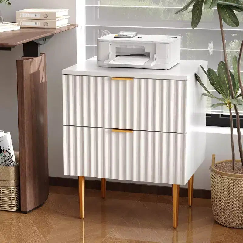 2 comodini moderni scanalati e 2 cassetti | Comodino oro e legno e prese | Tavolino piccolo per camera da letto