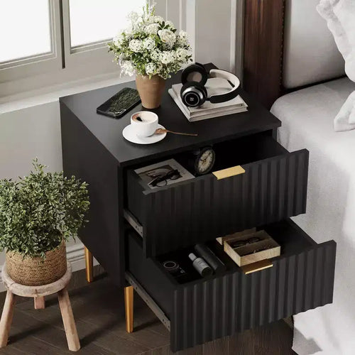 2 comodini moderni scanalati e 2 cassetti | Comodino oro e legno e prese | Tavolino piccolo per camera da letto
