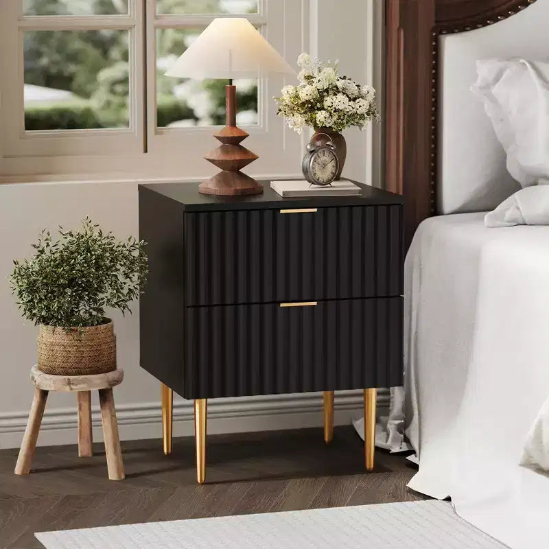 2 comodini moderni scanalati e 2 cassetti | Comodino oro e legno e prese | Tavolino piccolo per camera da letto