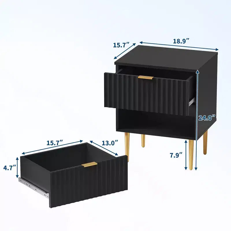 2 comodini moderni scanalati e 2 cassetti | Comodino oro e legno e prese | Tavolino piccolo per camera da letto