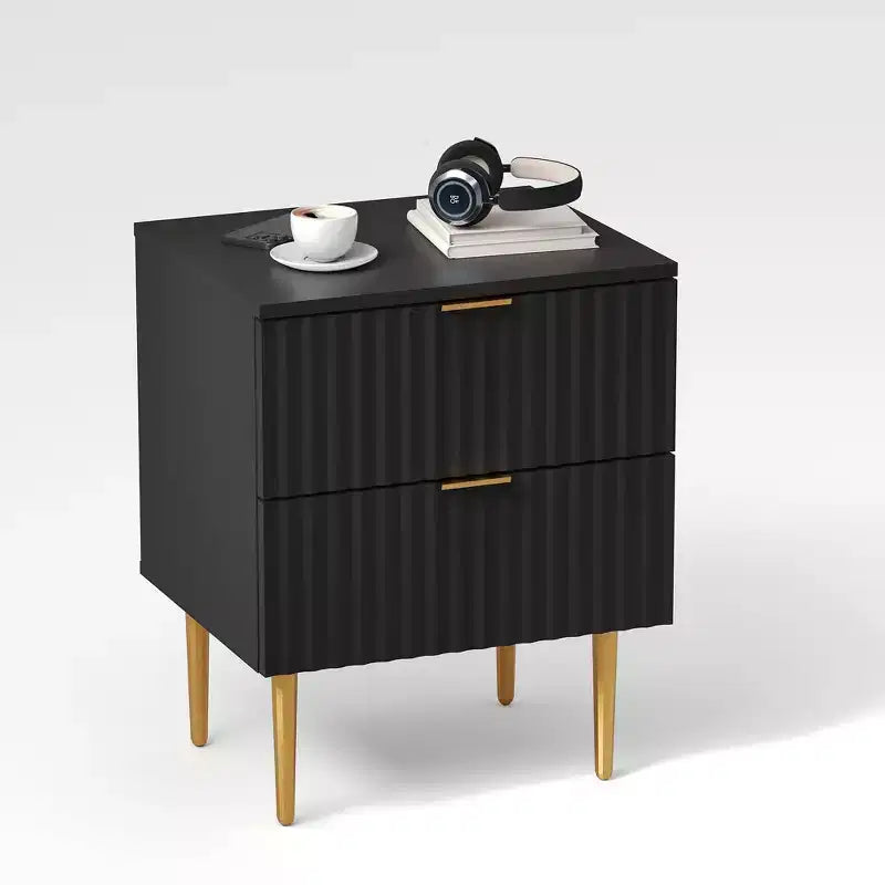 2 comodini moderni scanalati e 2 cassetti | Comodino oro e legno e prese | Tavolino piccolo per camera da letto
