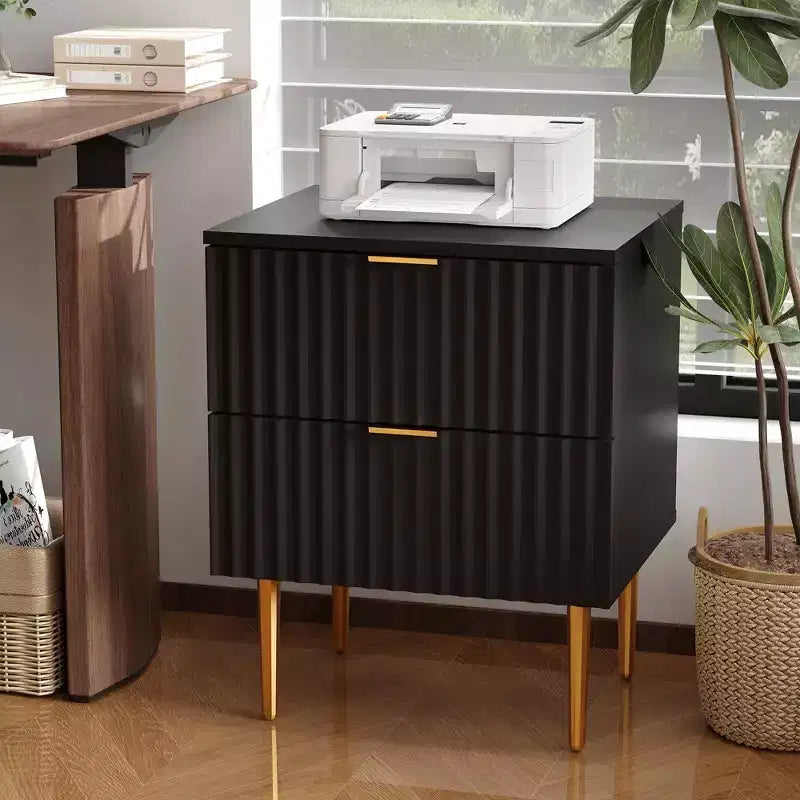 2 comodini moderni scanalati e 2 cassetti | Comodino oro e legno e prese | Tavolino piccolo per camera da letto