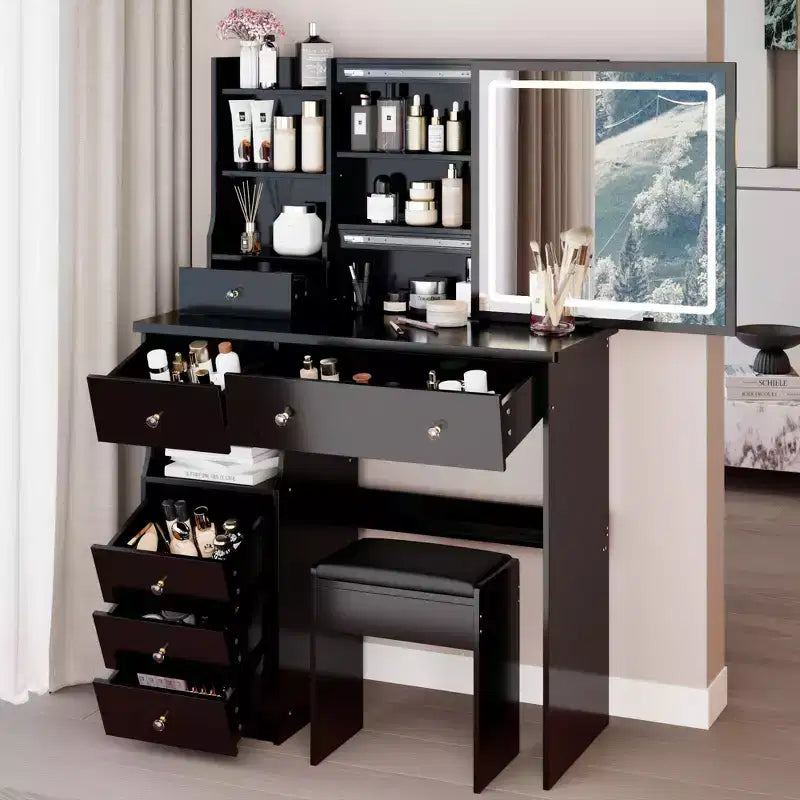Okak 37IN Tavolino da toeletta con sgabello imbottito, toeletta trucco con grande specchio scorrevole e touch control, ampia scrivania da toeletta per grandi spazi