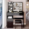 Okak 37IN Vanity Table with Cushioned Stool, Makeup Vanity with Large Sliding and Touch Control Mirror, Ample Vanity Desk for Large Space