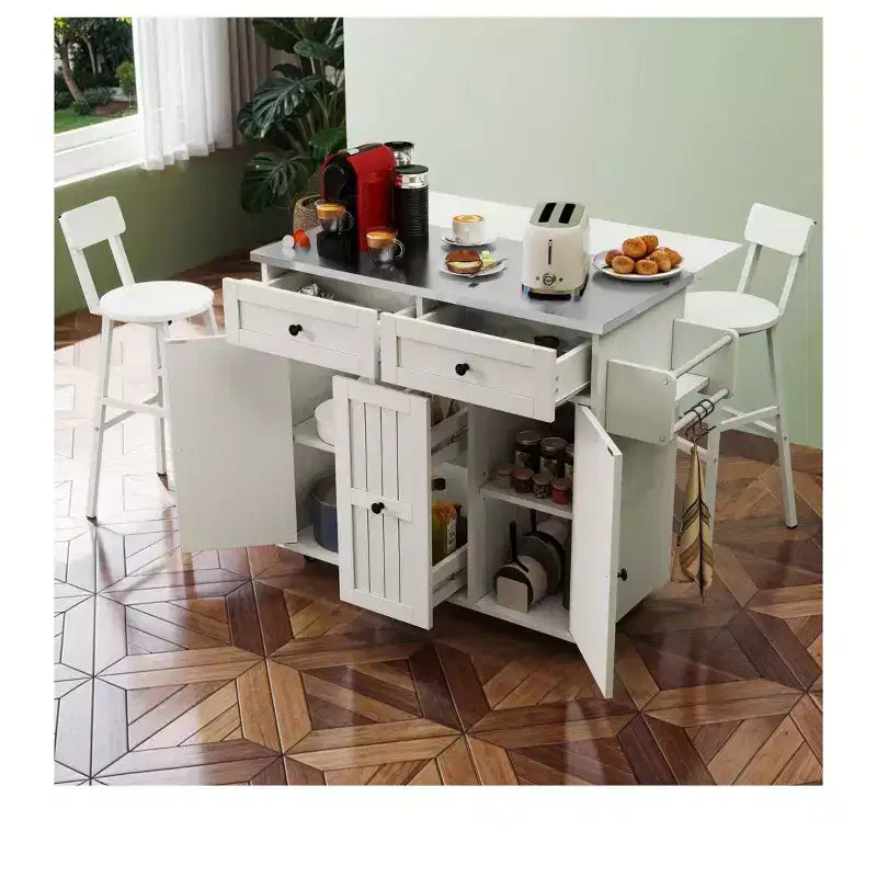 Carrello da Cucina con Isola, Ribaltina, Ripiano Regolabile, Porta Spezie e Due Sedie per Cucina e Sala da Pranzo