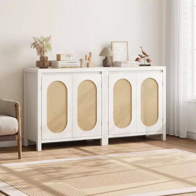 Credenza, 76,4 cm Buffet e Credenza con ante in rattan, design a 2 ante, credenza in legno naturale per sala da pranzo e cucina