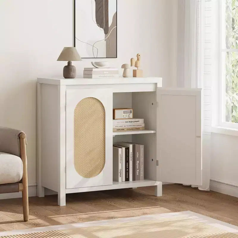 Credenza, 76,4 cm Buffet e Credenza con ante in rattan, design a 2 ante, credenza in legno naturale per sala da pranzo e cucina