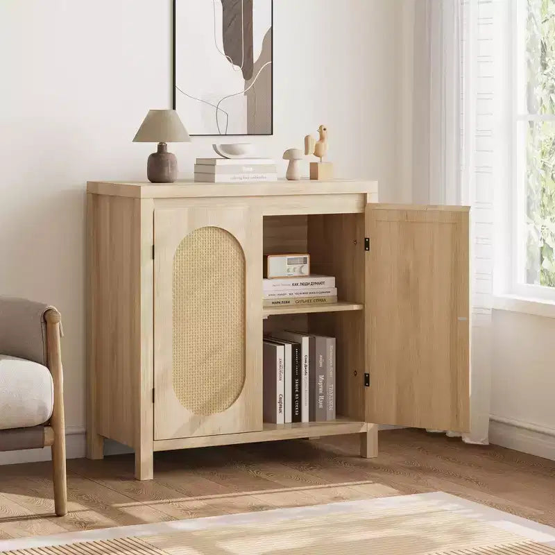 Credenza, 76,4 cm Buffet e Credenza con ante in rattan, design a 2 ante, credenza in legno naturale per sala da pranzo e cucina