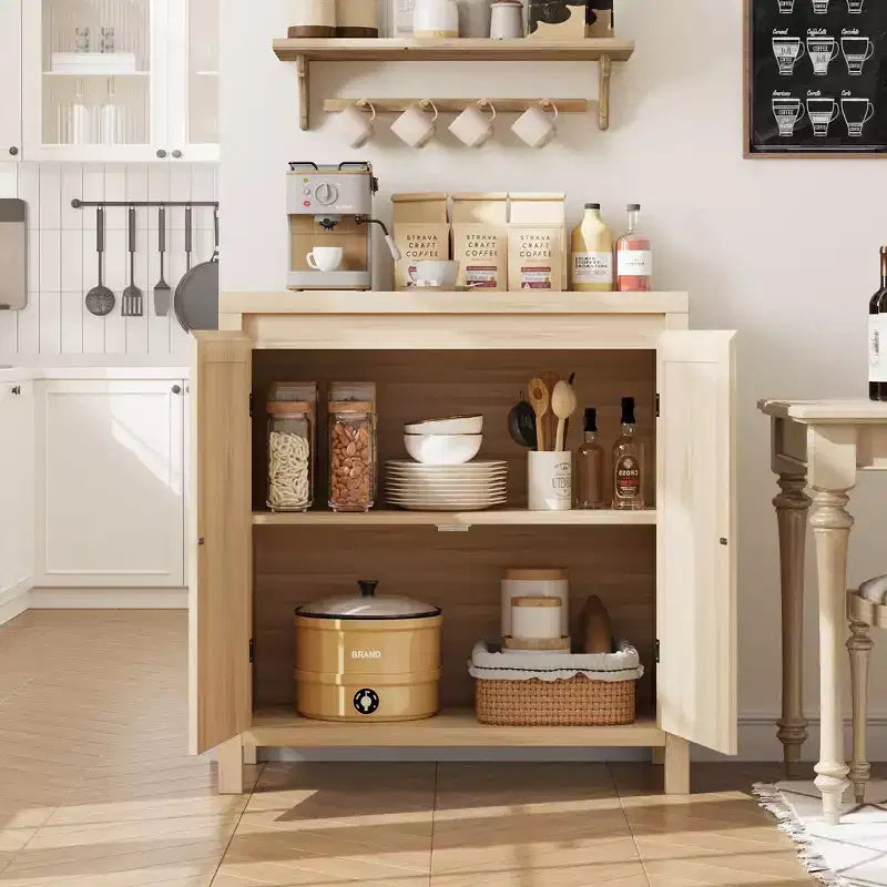 Credenza, 76,4 cm Buffet e Credenza con ante in rattan, design a 2 ante, credenza in legno naturale per sala da pranzo e cucina