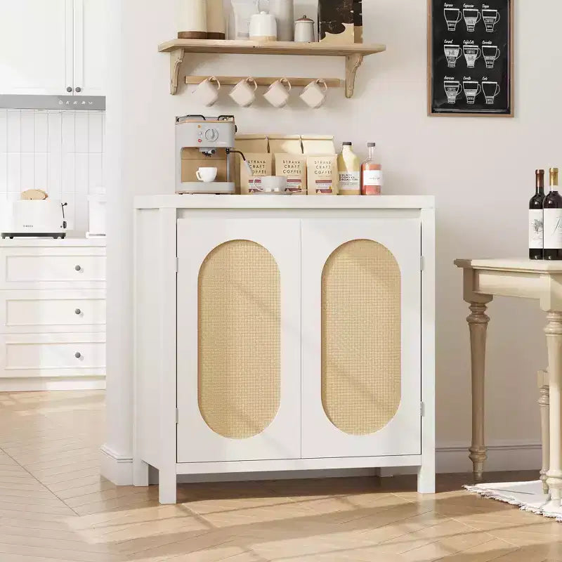Credenza, 76,4 cm Buffet e Credenza con ante in rattan, design a 2 ante, credenza in legno naturale per sala da pranzo e cucina