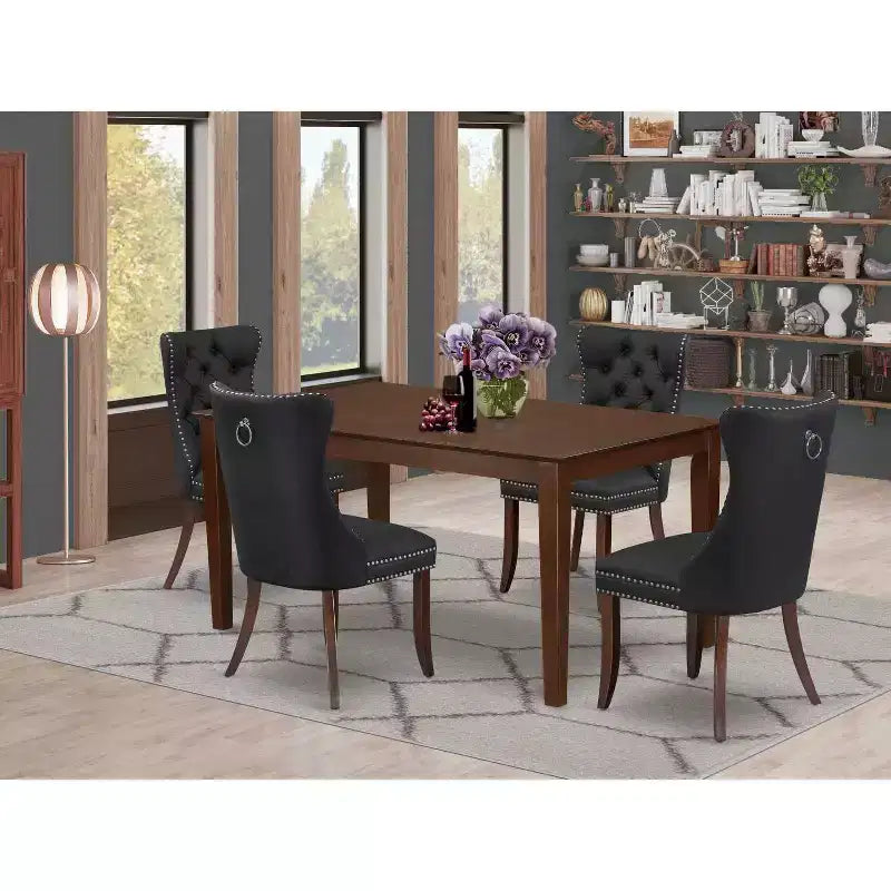 Set da pranzo 5 pezzi rettangolare in legno massello con finitura mogano e sedute imbottite - Posti 4