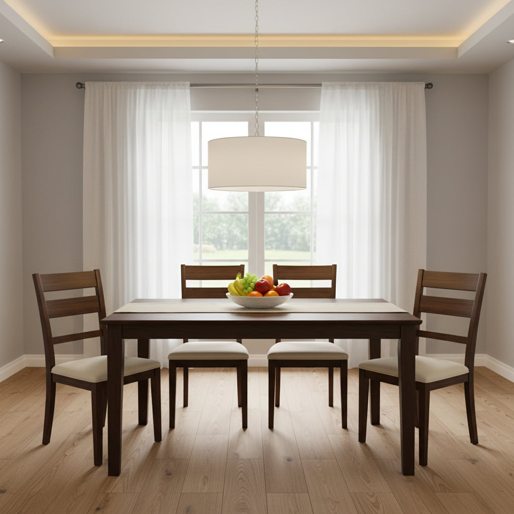 Set da pranzo 5 pezzi rettangolare in legno massello con finitura mogano e sedute imbottite - Posti 4