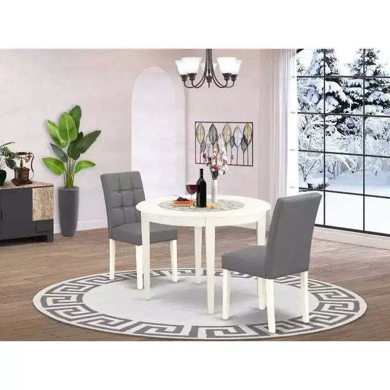 Set da pranzo da 3 pezzi con tavolo rotondo in legno massello finitura bianco lino - 2 posti