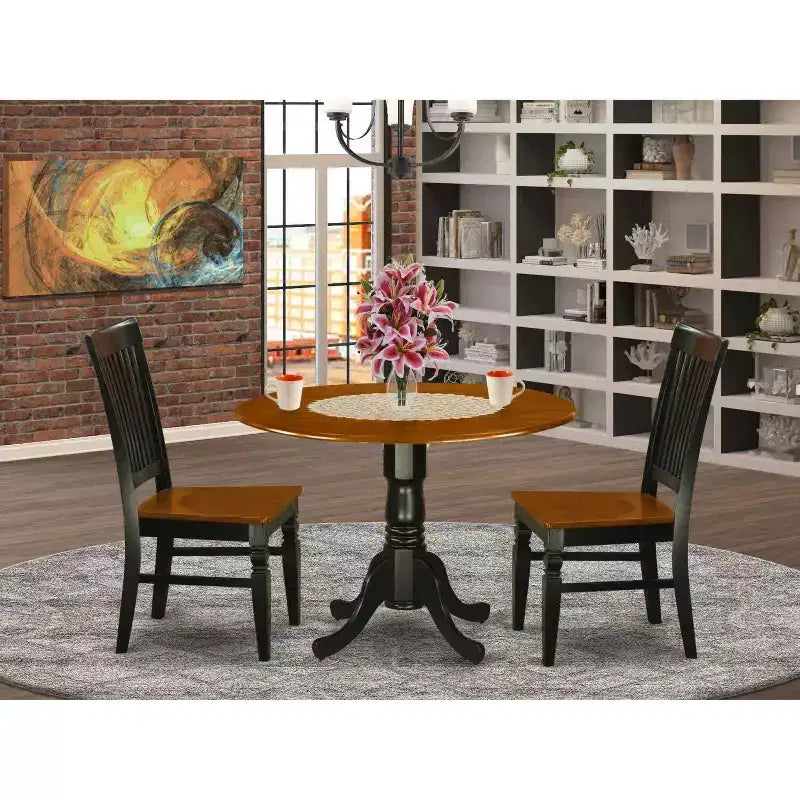 Set da pranzo in 3 pezzi con piano in legno massello finitura nera e ciliegio - 4 posti a sedere