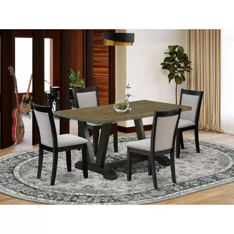 Tavolo da pranzo con piano in legno massello finitura anticata Jacobean e 4 sedie, 5 pezzi