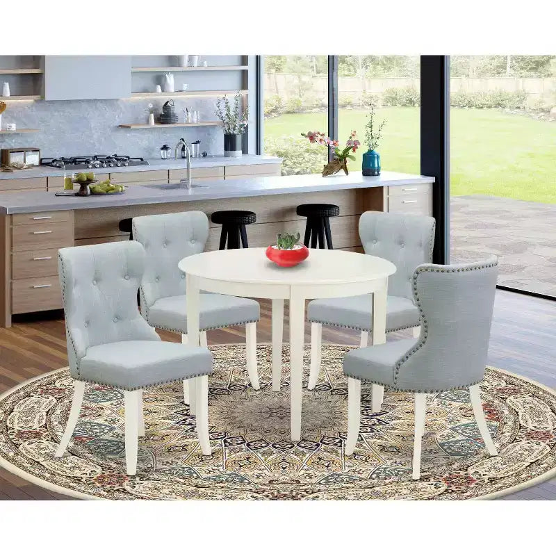 Tavolo Da Pranzo Con Piano In Legno Massello Bianco Lino 5 Pezzi - Set 4 Posti
