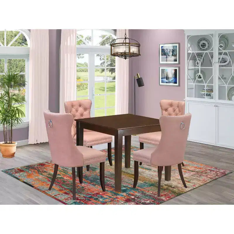 Set da pranzo imbottito da 4 posti, 5 pezzi in legno massello con finitura mogano - piano quadrato