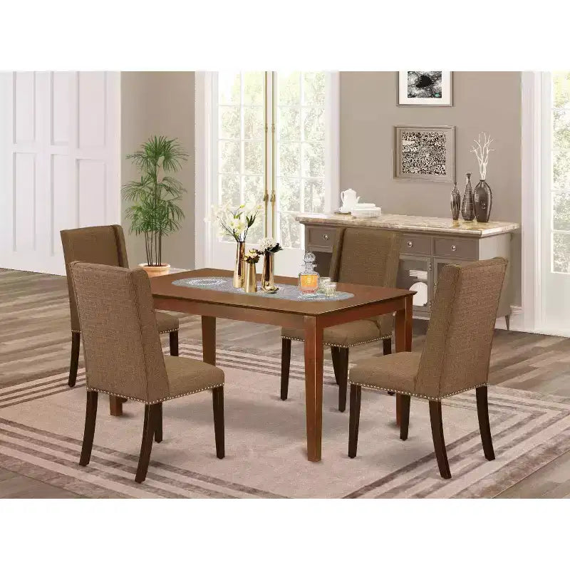 Set da Tavolo da Cucina 5 Pezzi - Tavolo da Pranzo e 4 Sedie - Seduta Moderna in Tessuto - Finitura Marrone Beige