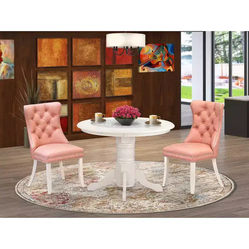 Set da pranzo in 3 pezzi in lino bianco massello - Tavolo rotondo con top in legno e sedie imbottite - Posti a sedere per 4 persone