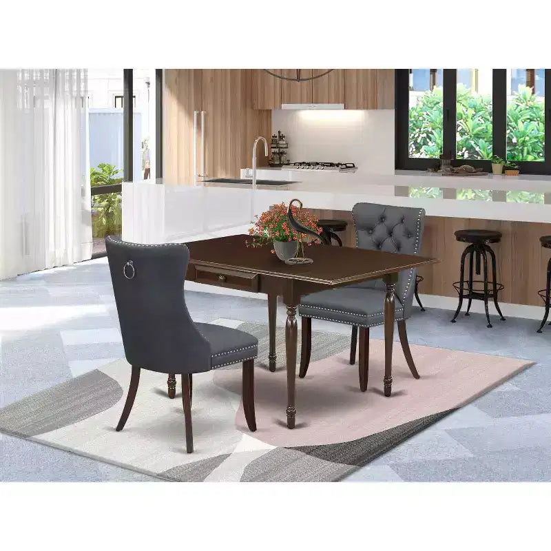 Set tavolo da pranzo 3 pezzi con piano rettangolare in legno massello e ribalte, finitura mogano