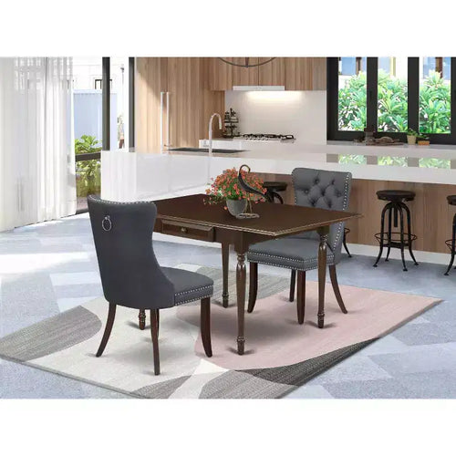 Set tavolo da pranzo 3 pezzi con piano rettangolare in legno massello e ribalte, finitura mogano