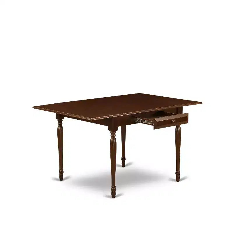 Set tavolo da pranzo 3 pezzi con piano rettangolare in legno massello e ribalte, finitura mogano