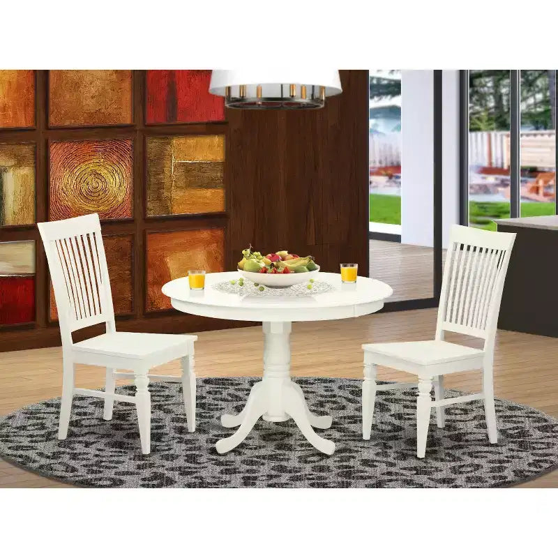 Set da pranzo rotondo in 3 pezzi - Finitura bianco lino - Piano in legno massello - 4 posti