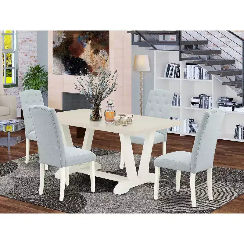 Tavolo da pranzo a 5 pezzi con piano rettangolare in legno massello finitura rovere naturale e 4 sedie Parson