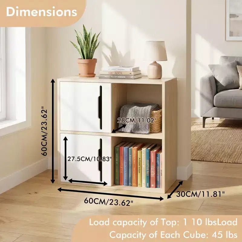 JVNOXK Mobile contenitore in legno a 2 ripiani con ante scorrevoli, organizer bianco e legno naturale per soggiorno, camera da letto e cameretta dei bambini
