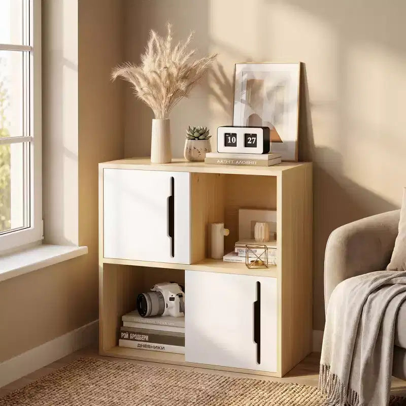 JVNOXK Mobile contenitore in legno a 2 ripiani con ante scorrevoli, organizer bianco e legno naturale per soggiorno, camera da letto e cameretta dei bambini