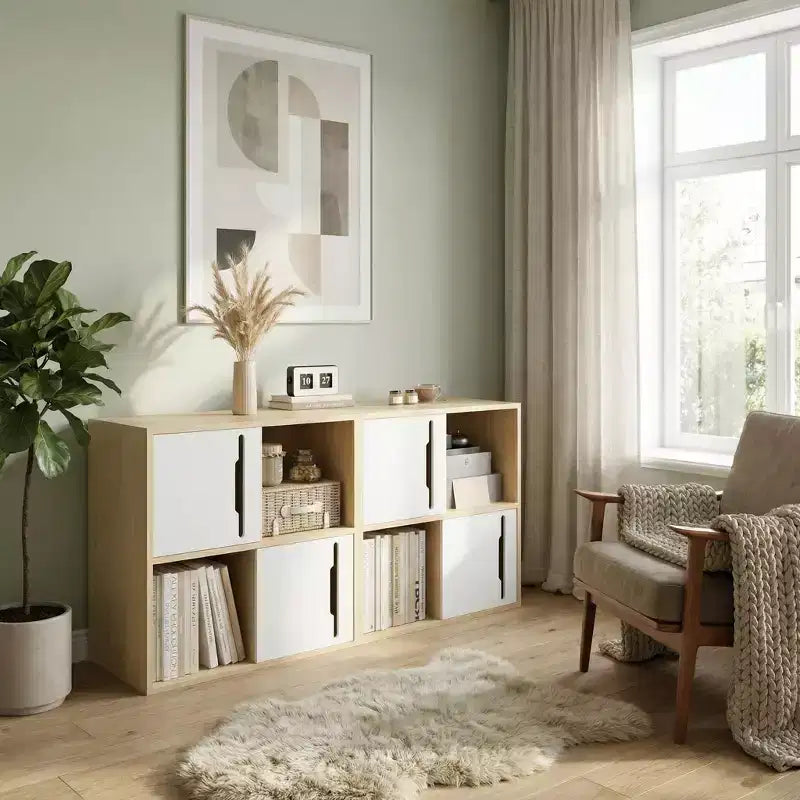 JVNOXK Mobile contenitore in legno a 2 ripiani con ante scorrevoli, organizer bianco e legno naturale per soggiorno, camera da letto e cameretta dei bambini