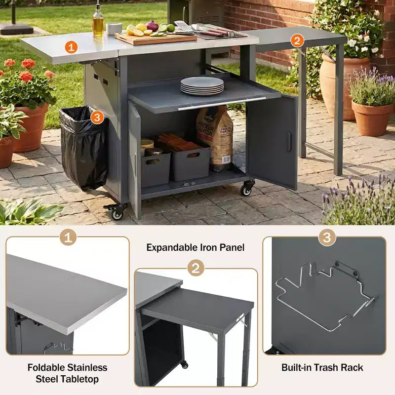 GDFStudio Louisa Carrello Pieghevole da Esterno per Preparazione Barbecue con Piano in Acciaio Inox