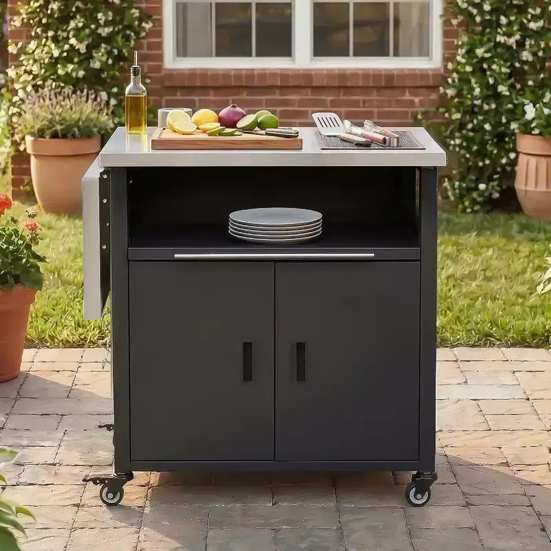 GDFStudio Louisa Carrello Pieghevole da Esterno per Preparazione Barbecue con Piano in Acciaio Inox