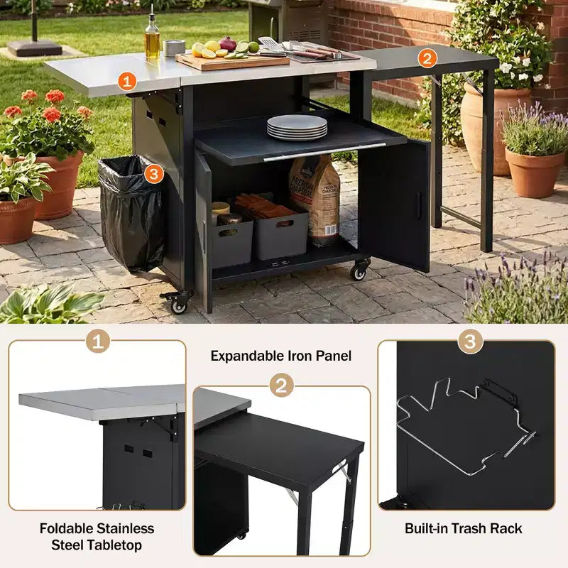 GDFStudio Louisa Carrello Pieghevole da Esterno per Preparazione Barbecue con Piano in Acciaio Inox