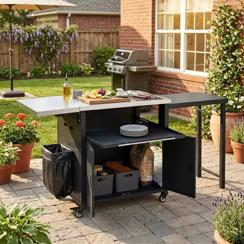 GDFStudio Louisa Carrello Pieghevole da Esterno per Preparazione Barbecue con Piano in Acciaio Inox