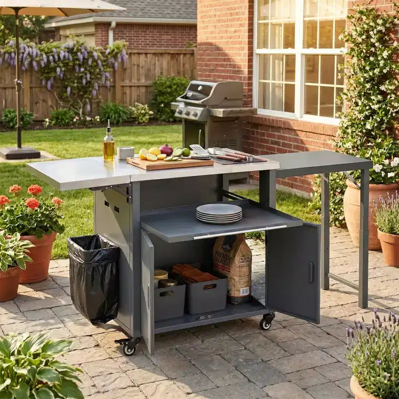 GDFStudio Louisa Carrello Pieghevole da Esterno per Preparazione Barbecue con Piano in Acciaio Inox