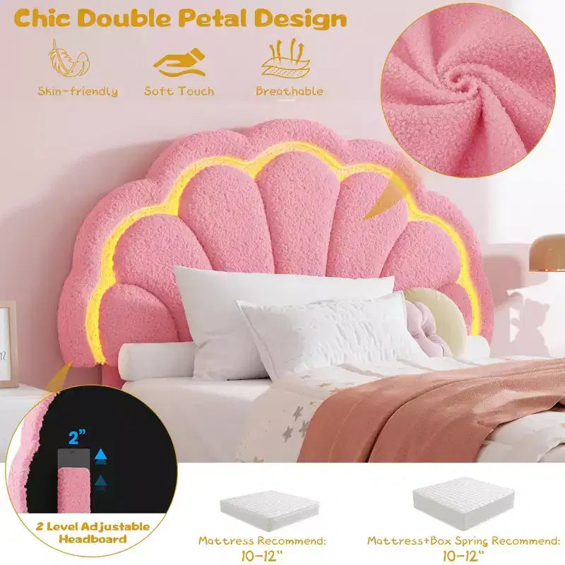 Struttura letto imbottita a LED, con cassetto portaoggetti, testiera chic regolabile, letto a piattaforma Princess in pile berbero per bambini, supporto in legno, senza rete a molle