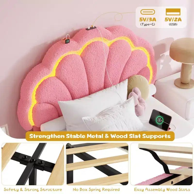 Struttura letto imbottita a LED, con cassetto portaoggetti, testiera chic regolabile, letto a piattaforma Princess in pile berbero per bambini, supporto in legno, senza rete a molle