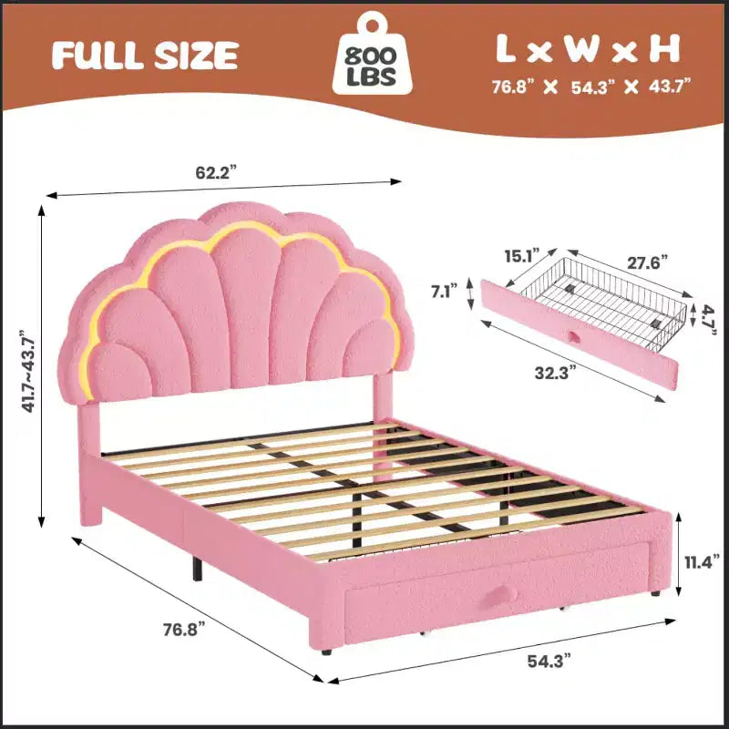 Struttura letto imbottita a LED, con cassetto portaoggetti, testiera chic regolabile, letto a piattaforma Princess in pile berbero per bambini, supporto in legno, senza rete a molle